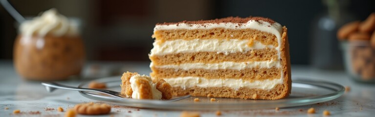 Aufkleber - Meticulously layered cake with creamy filling displayed on a plate in a cozy kitchen setting
