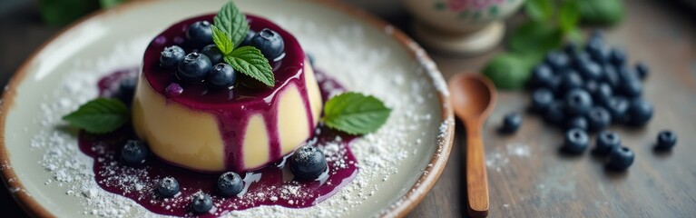 Poster - Delicious dessert with blueberry sauce, fresh berries, and mint on a rustic wooden table in a cozy cafe setting