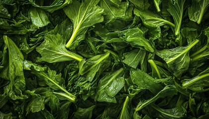 Close-up of fresh, dark green leafy vegetables, possibly spinach or similar greens, arranged densely.