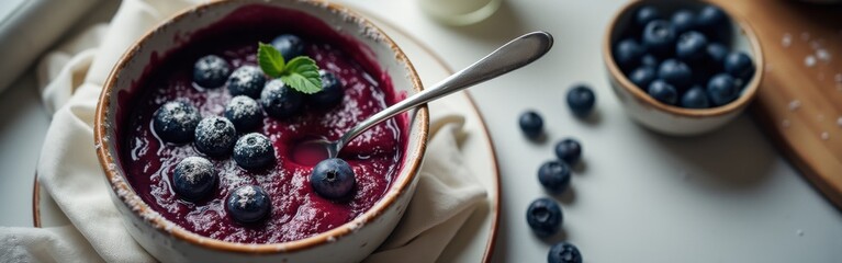 Poster - Delicious berry smoothie bowl topped with fresh blueberries and mint on a light kitchen table