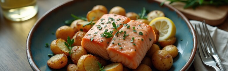 Poster - Deliciously cooked salmon fillet served with golden roasted potatoes and fresh herbs on a rustic wooden table