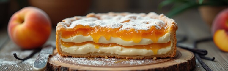 Aufkleber - Delicious peach custard tart displayed on a wooden surface with fresh peaches alongside