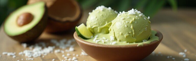 Aufkleber - Deliciously crafted scoop of avocado served in a wooden bowl with fresh coconut flakes on a rustic wooden table