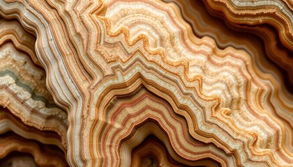 Poster - Onyx Agate Beauty. Mineral Formations Create Earthy Abstract. Striations of Brown Cream and Red Showcase Nature's Artistry. Geological Wonder. Fluid Rhythmic Patterns Emerge.