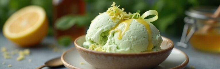 Aufkleber - Celery ice served in an elegant bowl with lemon zest and a drizzle of honey on a rustic table