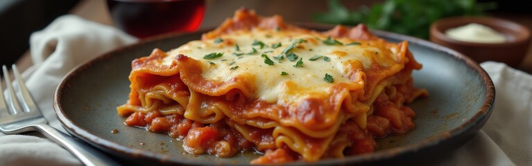 Poster - Fusion lasagna plated with care, garnished with herbs and paired with red wine at a cozy dining table