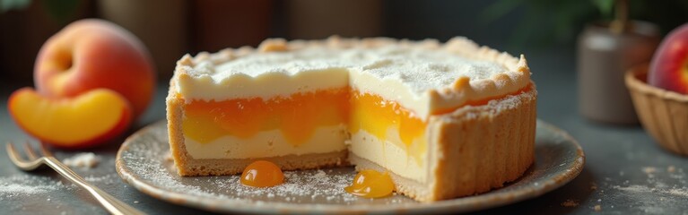Aufkleber - Deliciously layered pie showcasing vibrant fruit fillings with a flaky crust in an inviting kitchen setting