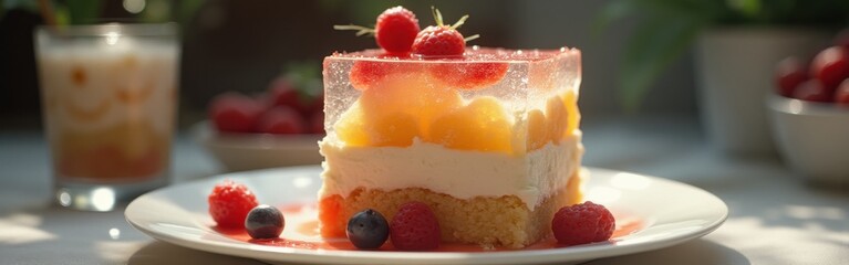 Aufkleber - Delightful layered dessert with fresh fruits and creamy filling showcased in a bright kitchen setting