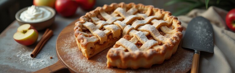 Aufkleber - Traditional apple pie with woven crust served on wooden board in cozy kitchen setting with fresh apples and spices