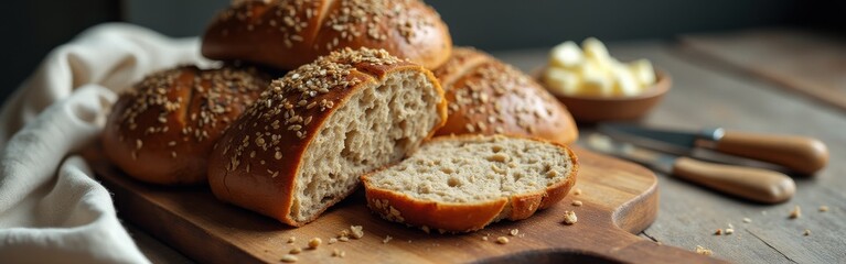 Aufkleber - Freshly baked traditional rye rolls arranged on a wooden cutting board with butter on the side