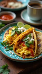 Poster - Vibrant Mexican breakfast featuring scrambled eggs in warm tortillas with fresh ingredients
