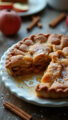 Aufkleber - Perfectly baked apple pie with flaky crust and delicious layers, served with apples and cinnamon sticks