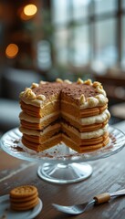 Aufkleber - Layered cake with delicate frosting and cookie layers in a cozy cafe setting