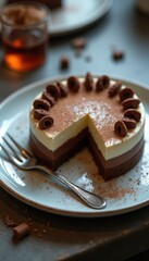 Aufkleber - Luxurious mousse cake presented on a white plate with chocolate curls and powdered sugar in a cozy dining setting