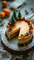 Aufkleber - Mesmerizing art inspired cake with vibrant colors and intricate details showcasing seasonal fruits and small tree decorations