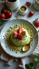 Aufkleber - Delightful pistachio dessert garnished with strawberries and nuts, elegantly presented on a rustic plate