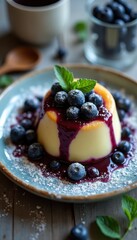 Aufkleber - Decadent dessert featuring creamy panna cotta topped with fresh blueberries and vibrant sauce artfully presented