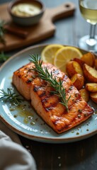 Poster - Savor grilled salmon with rosemary, roasted potatoes, and lemon slices on a rustic table with a glass of white wine