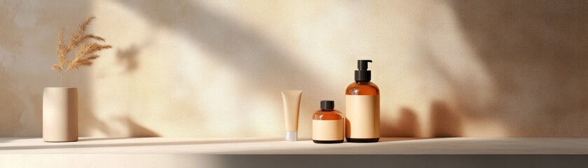 Poster - Amber bottles and tube with pampas grass in beige room