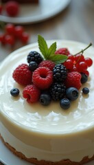 Poster - Elegant dessert topped with fresh berries and mint at a serene cafe setting during a sunny afternoon