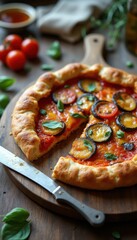 Poster - Rustic pizza topped with fresh vegetables on a wooden board in a cozy kitchen setting