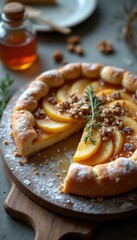 Aufkleber - Rustic fruit galette with fresh peaches and honey on a wooden board surrounded by nuts and herbs
