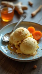Aufkleber - Delightful scoop of ginger ice with a refreshing garnish served on a rustic blue plate