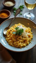 Poster - Delicious fusion risotto served with cheese and herbs at an elegant dining table
