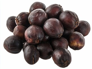 Wall Mural - Close-up of a pile of dark brown coffee beans, isolated on white background.