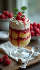 Aufkleber - Elegantly layered trifle with fresh raspberries and whipped cream displayed on a rustic wooden table