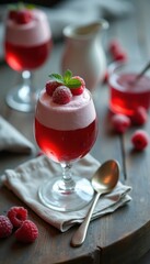 Aufkleber - Delight in a layered raspberry mousse dessert with fresh garnishes and rich colors at a quaint cafe