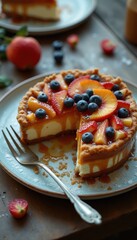 Aufkleber - Beautifully layered fruit pie with caramel syrup and vibrant berry toppings on a rustic wooden table