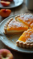 Aufkleber - Layered citrus pie with vibrant fruit topping served on a rustic table accompanied by fresh fruits