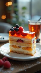 Aufkleber - Beautifully layered cake with fresh fruit and gelatin topping served in a cozy cafe setting