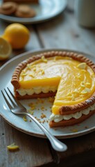 Aufkleber - Exquisite layered lemon pie with creamy filling and citrus zest on a rustic table setting