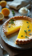 Aufkleber - Delightful lemon tart garnished with herbs and fresh citrus on a rustic table setting