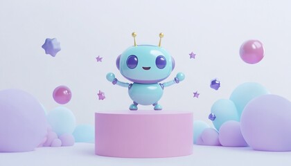 Wall Mural - cute 3d robot character on pink pedestal with pastel spheres and stars.