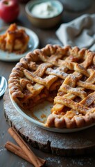 Aufkleber - Traditional apple pie with golden crust and cinnamon served with fresh apple slices in a cozy kitchen setting
