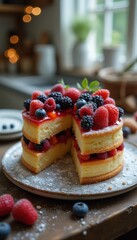 Aufkleber - Deliciously crafted layered cake with fresh berries and cream displayed in a cozy kitchen setting