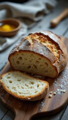 Aufkleber - Handcrafted sourdough loaf with perfectly baked crust and soft interior on a wooden cutting board