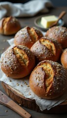 Aufkleber - Freshly baked traditional rye rolls displayed on wooden board ready to serve with butter for a delightful meal