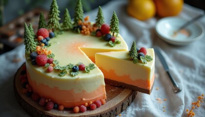 Aufkleber - Mesmerizing art inspired cake featuring vibrant layers and forest-themed decorations for a delightful celebration