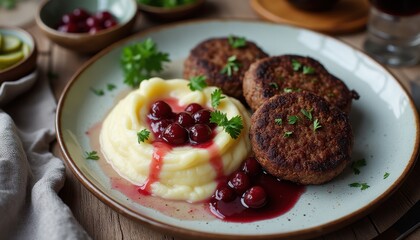 Poster - Savory venison patties served with creamy mashed potatoes and tart cranberry sauce on a rustic wooden table