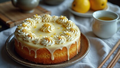 Aufkleber - Lemon cake with creamy frosting placed on a rustic table alongside fresh lemons and tea