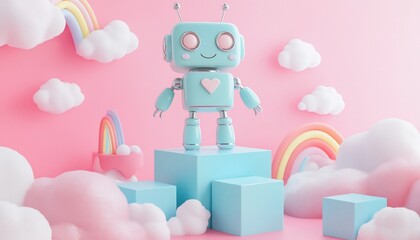 Cute pastel blue robot standing on a light blue cube in a dreamy pink landscape with rainbows and clouds.