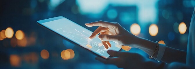 Canvas Print - Close-up of hands using a tablet displaying data at night.