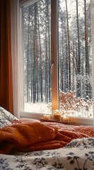 Poster - Cozy bedroom with a wonderful snowy forest view from the window creating a serene winter atmosphere : Generative AI