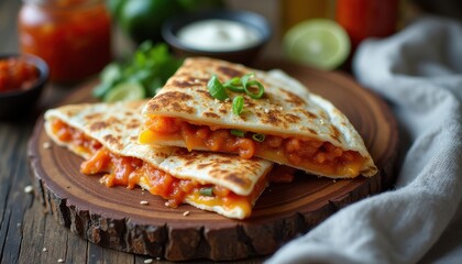 Poster - Deliciously crafted quesadillas served on a rustic wooden board with fresh toppings and sauces