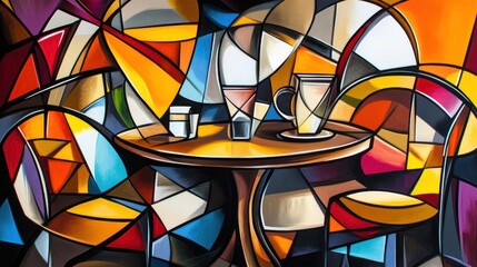 Poster - Colorful abstract depiction of a cafe table with drinks