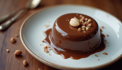 Poster - Exquisite dessert featuring rich chocolate mousse topped with nuts on a rustic wooden table